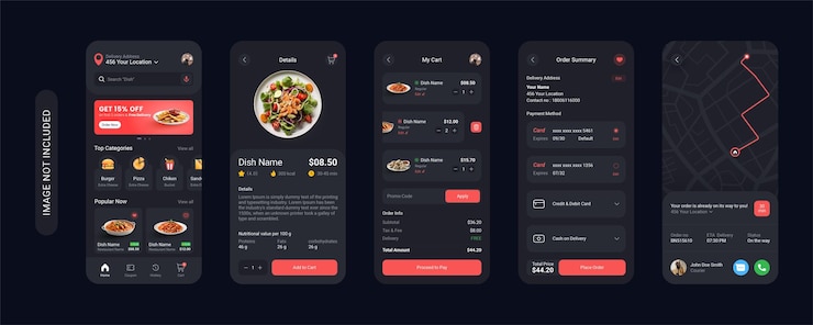 PSD die vorlage der mobilen bildschirme der psd-food-app ist im dark mode vollständig bearbeitbar