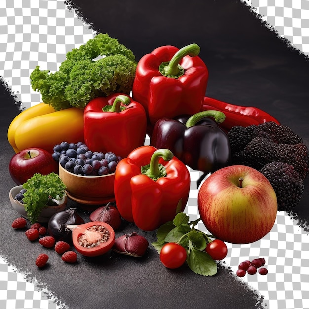 Die vorteile von antioxidantien aus rotem obst und gemüse wie apfel, pfeffer, traube und paprika werden auf einem transparenten hintergrund präsentiert