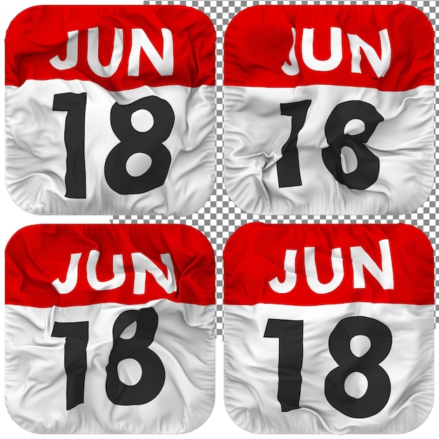 PSD dieciocho 18 de junio fecha icono de calendario aislado cuatro ondulado estilo bump textura 3d rendering