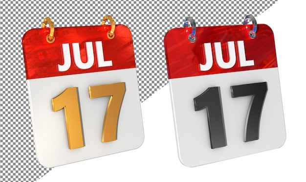 Diecisiete 17 de julio Fecha Icono 3D aislado Amplificador de oro Renderizado 3D brillante