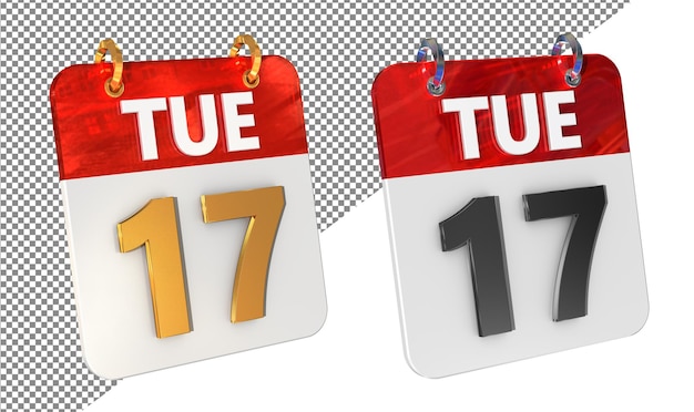 Diecisiete 17o martes Fecha Icono 3D aislado Ampliador de oro brillante Renderización 3D