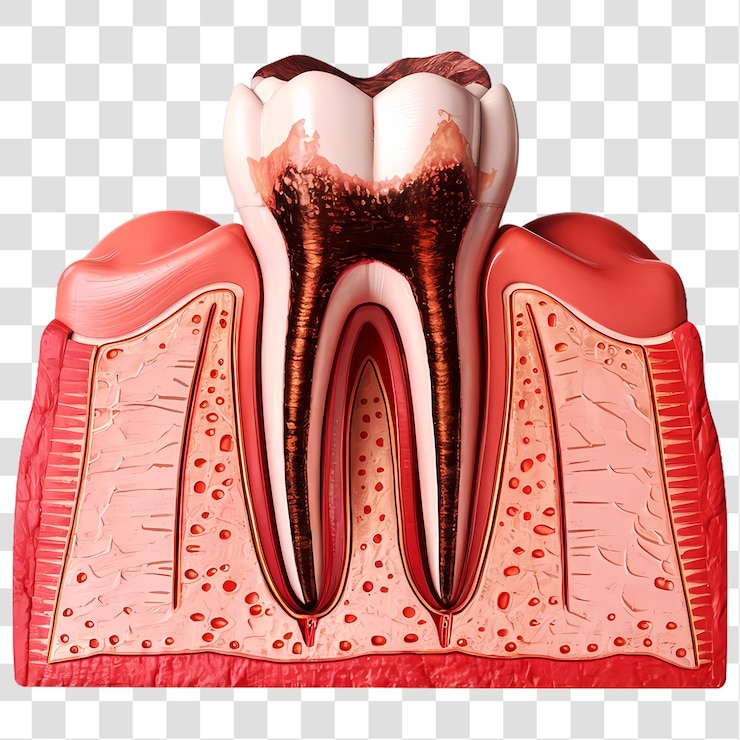 Un diente humano afectado por caries en la raíz frente a un fondo transparente