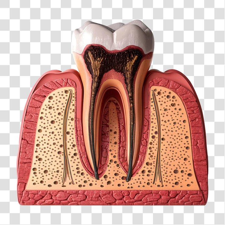 Un diente humano que sufre de caries en la raíz aislado sobre un fondo transparente