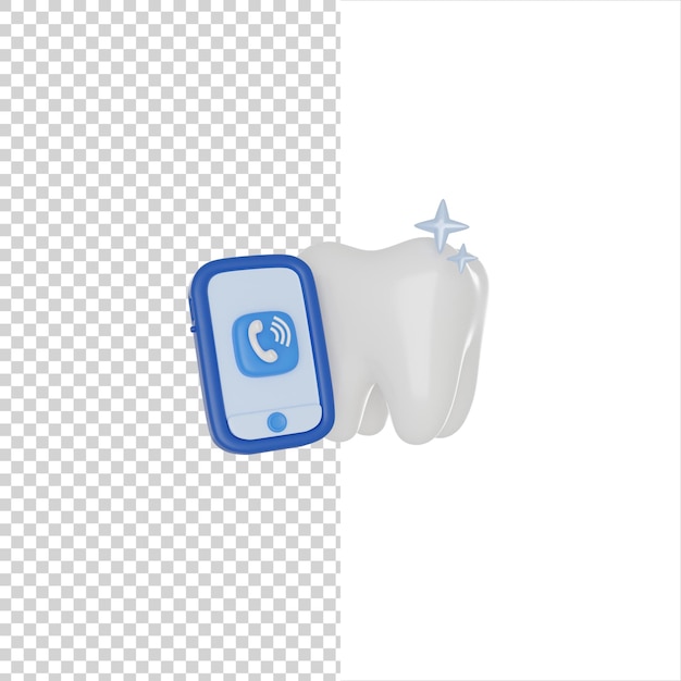 PSD diente humano con teléfono sobre fondo blanco call center dental concepto clínico 3d render icono