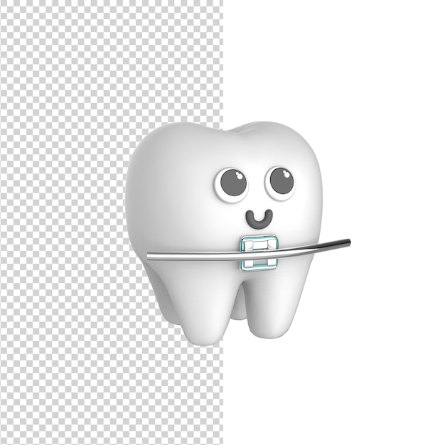 PSD diente de personaje lindo feliz con tirantes de metal modelo de renderizado 3d fondo blanco aislado