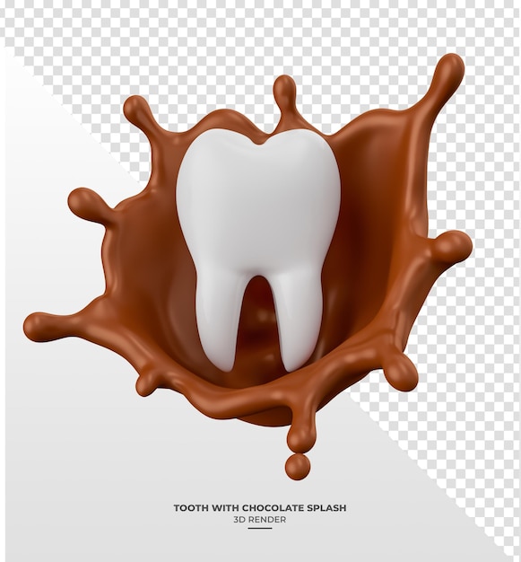 PSD diente con salpicaduras de chocolate en renderizado 3d con fondo transparente