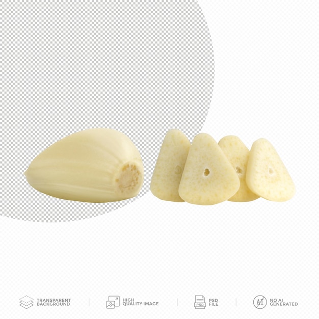 dientes de ajo enteros pelados y picados sobre un fondo transparente