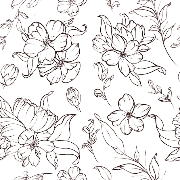 Dieses Kunstwerk zeigt ein zartes handgezeichnetes Blumenmuster, das mit verschiedenen Blumen und Blättern gefüllt ist