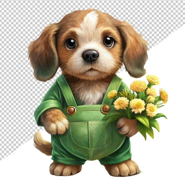 PSD dieu chiot en vert tenant une maison de fleurs sur un fond transparent