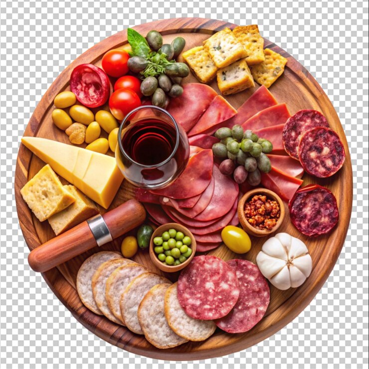 PSD diferentes antipasti queso charcutería bocadillos aislados en blanco