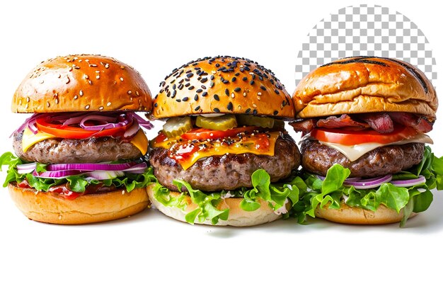 Diferentes hamburguesas para un menú de restaurante sobre un fondo transparente