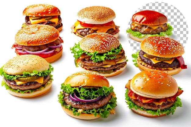 Diferentes hamburguesas para un menú de restaurante sobre un fondo transparente