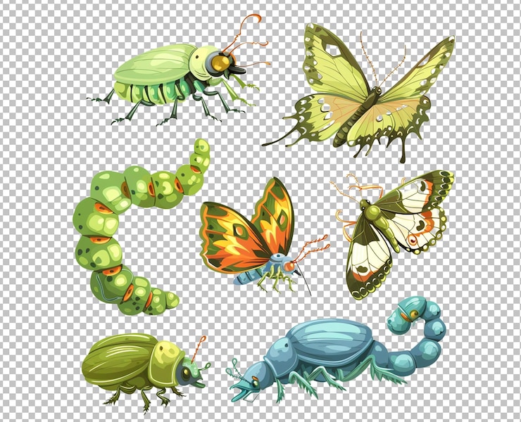 PSD diferentes insectos en un marco sobre un fondo blanco transparente png