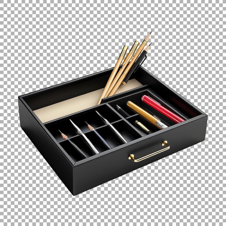 PSD diferentes lápices en una caja de maquillaje en un fondo transparente generado por ai