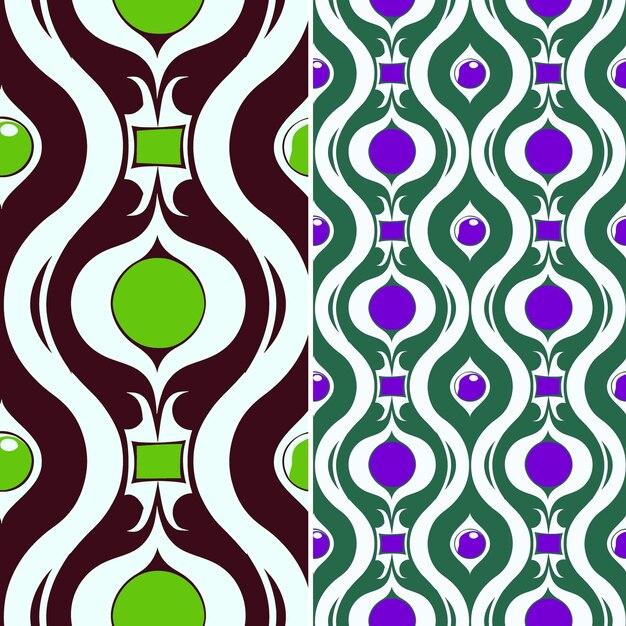 Diferentes patrones de diferentes colores y formas, incluidos el verde y el púrpura en el centro