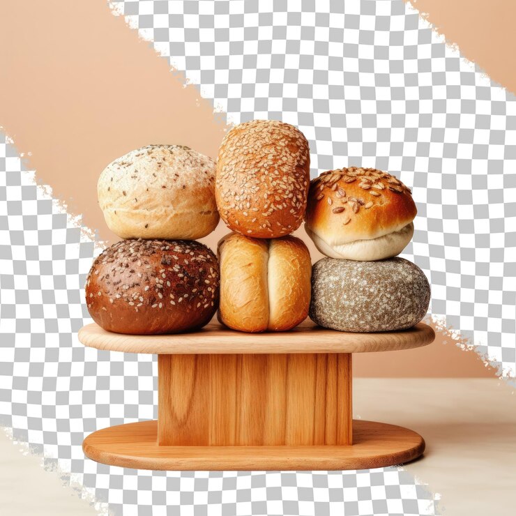PSD diferentes rollos de grano que incluyen semillas de chía de grano entero y reposo escrito en una superficie de madera contra un fondo transparente