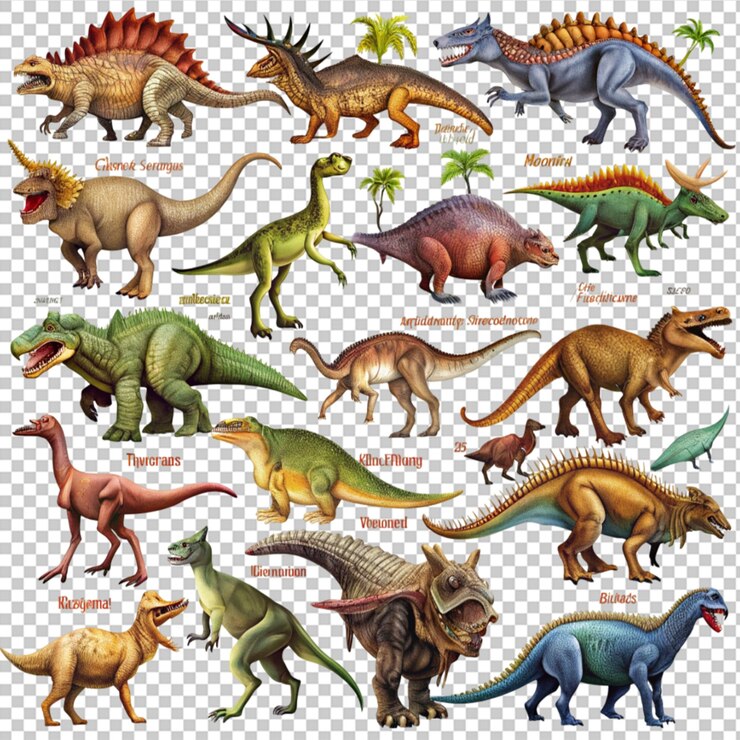 PSD diferentes tipos de dinosaurios con nombres en un fondo transparente