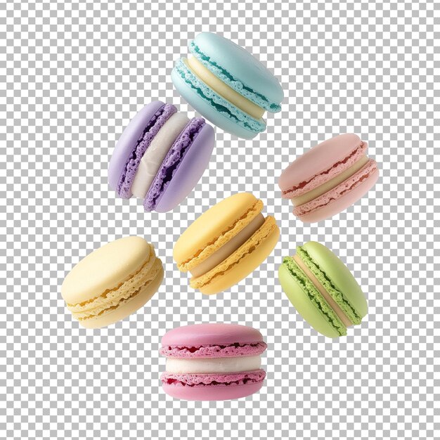 PSD diferentes tipos de macarrones en movimiento volando en aislados muchos sabores y colores de macarones volando