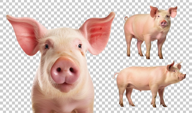 PSD diferentes tomas de cerdos aisladas en un fondo transparente