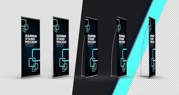 PSD diferentes vistas de um estande de banner de exposição interno branco 3d renderizado psd mockup objetos inteligentes.