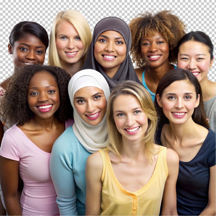 PSD different ethnicity women caucasian african on transparent background