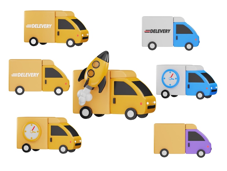PSD different types of delivery trucks including a rocket ship a clock a truck and a van icon set