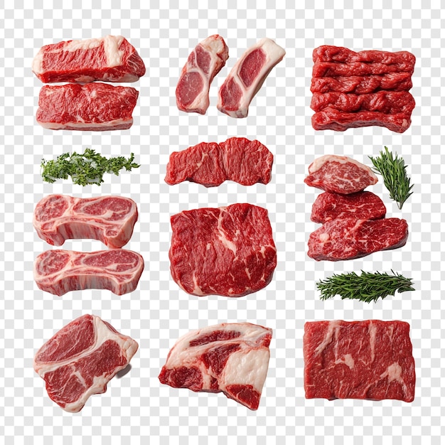 Différentes coupes de viande de bœuf crue