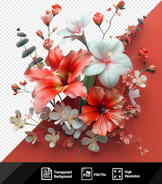 PSD différents types de fleurs sur un fond rouge png