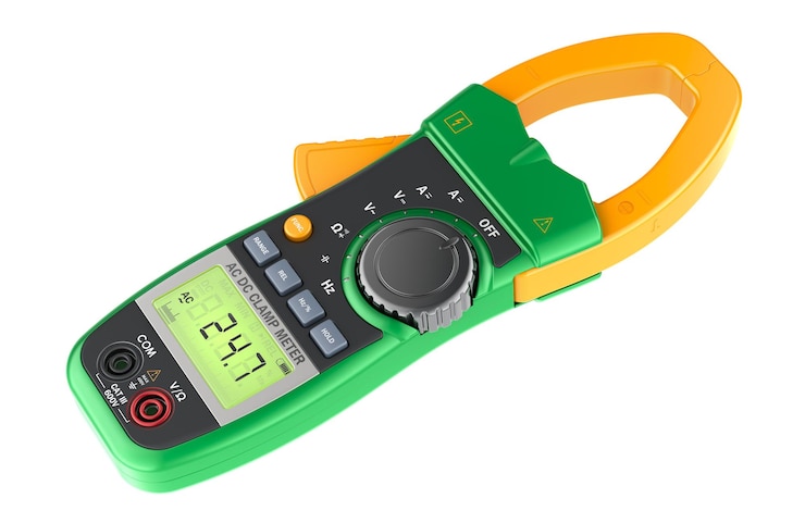 PSD digital clamp meter multimeter ac dc voltage diode continuity tester lcd display 3d rendering isolated on transparent background