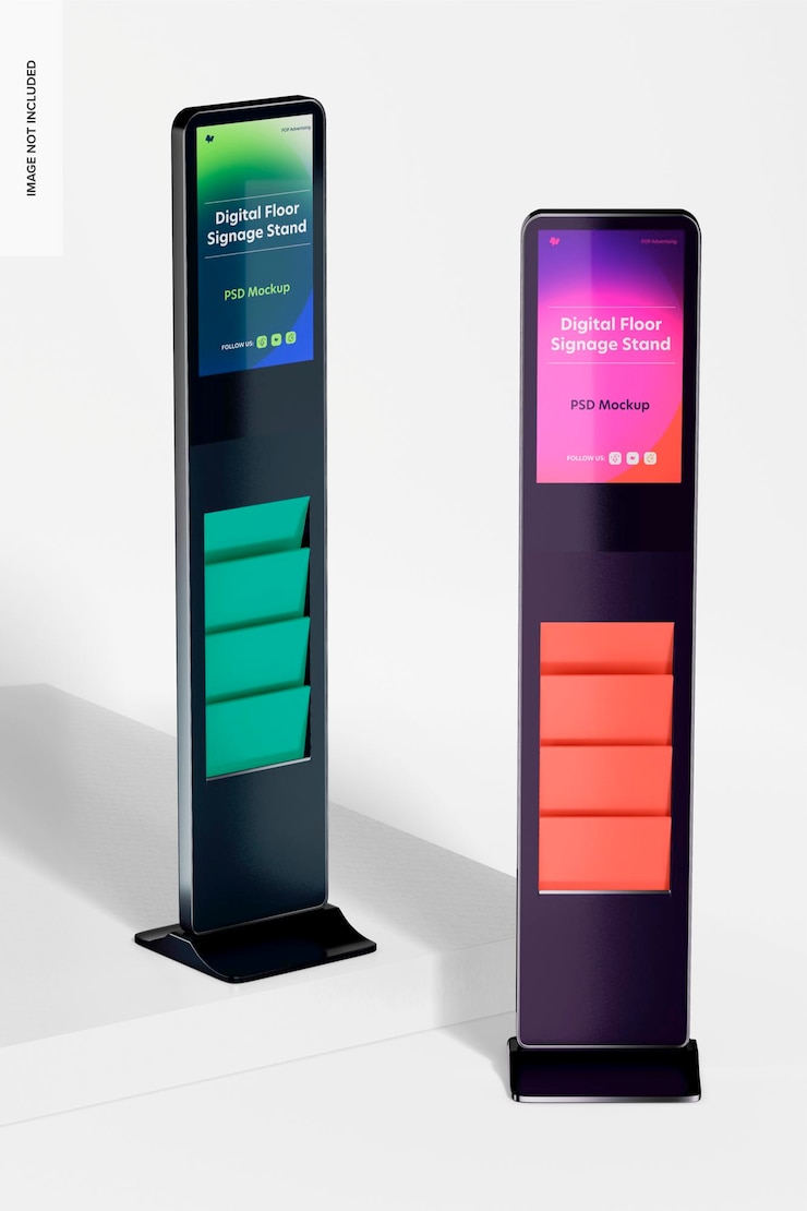 PSD digital floor signage stands mockup, side and front view