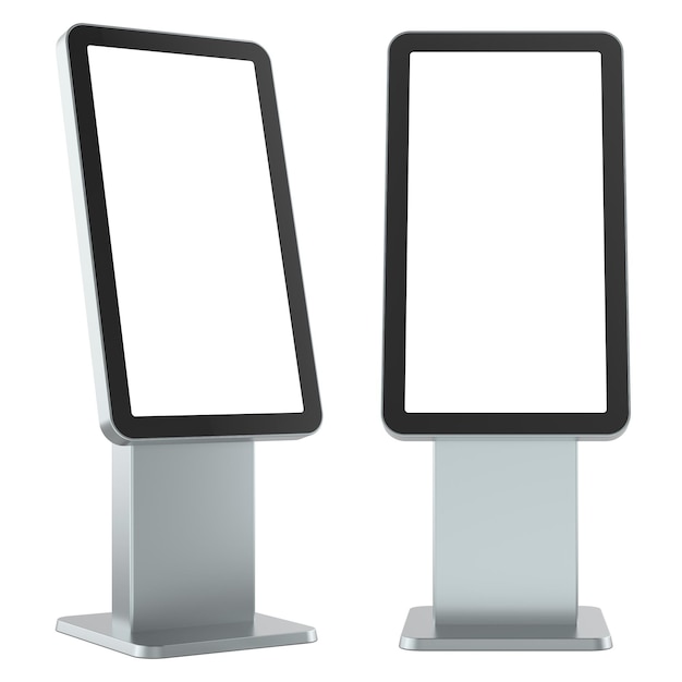 Digital kiosk display mockup set front and angled views 3D rendering isolated on transparent background