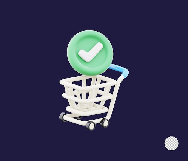 Digital shopping cart displaying checkmark verified badge representing successful payment icon