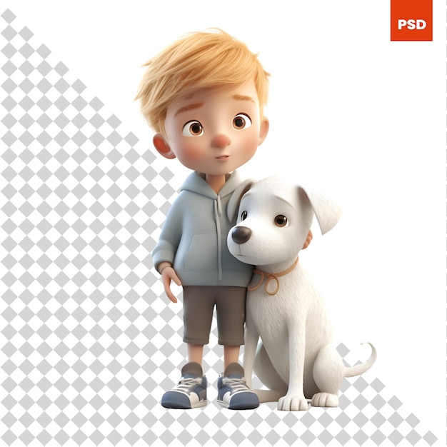 PSD digitale 3d-darstellung eines süßen jungen mit einem hund isoliert auf weißem hintergrund