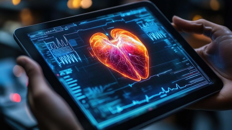 PSD digitale herz-display auf einem tablet halten sie eine tablette mit einer leuchtenden herz-grafik mit gesundheitsdaten