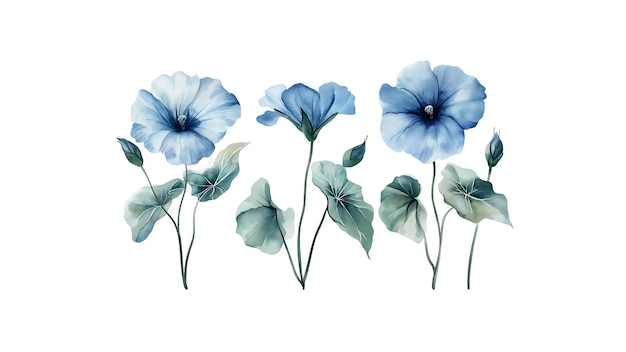 Digitale Illustration stilisierter blauer Blüten und Blätter mit komplizierten Details