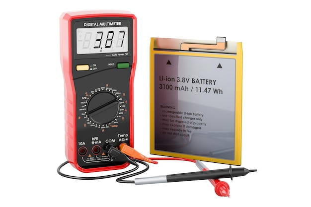 Digitale multimeter und lithium-ionen-handy-batterie 3d-rendering isoliert