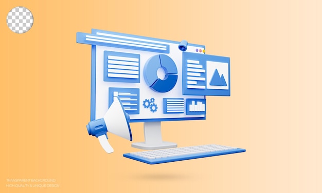Digitales Marketing-Display 3D-Symbol. Seo-Optimierung, Webanalyse und Seo-Marketing-Konzept