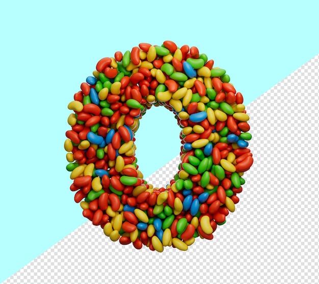 PSD dígito 0 feijões de geléia coloridos número 0 arco-íris doces coloridos jujubas ilustração 3d