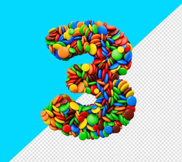 Dígito 3 de caramelos de arco iris multicolor Festivo aislado Tres letras Ilustración 3d