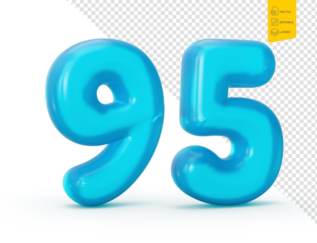 Dígito de gelatina azul 95 noventa y cinco sobre fondo aislado Números de alfabetos coloridos de gelatina para niños