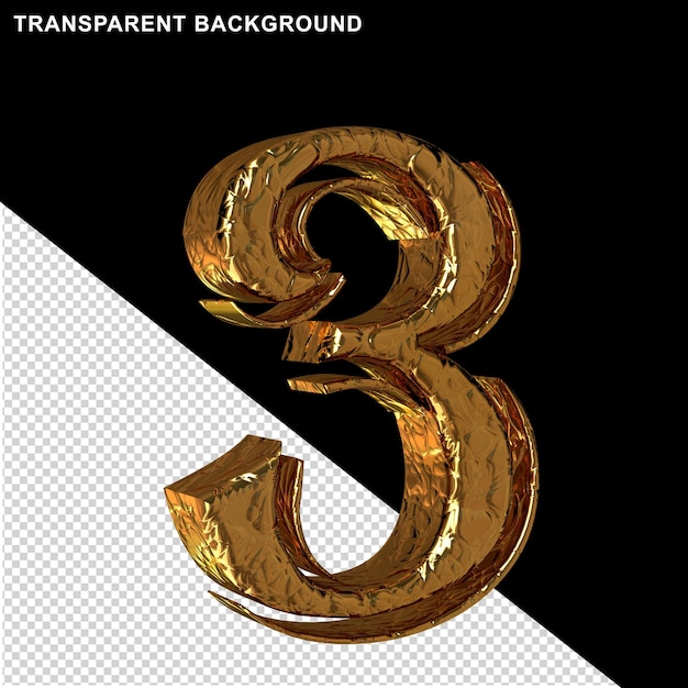 Dígitos de ouro canelado vista lateral esquerda 3d número 3