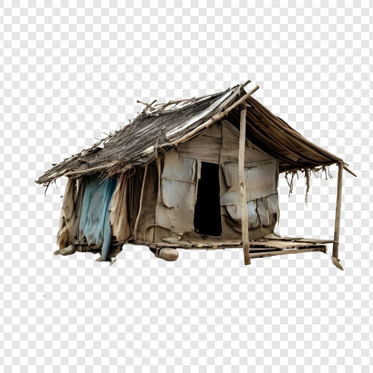 PSD dilapidated rural shack poverty homelessness wooden structure thatch roof damaged walls