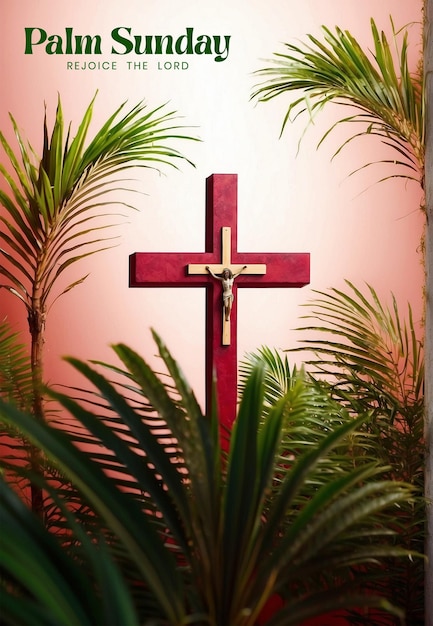 PSD le dimanche des palmiers est un concept de forêt de branches de palmiers avec une croix chrétienne sur un fond rouge clair.