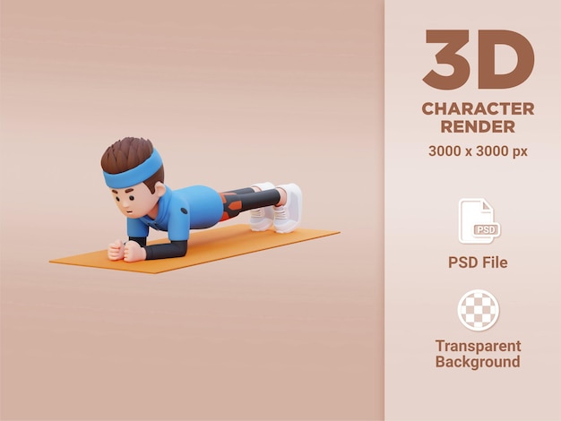 Dinámico 3D personaje masculino deportivo clavando la postura de tabla en el gimnasio en casa