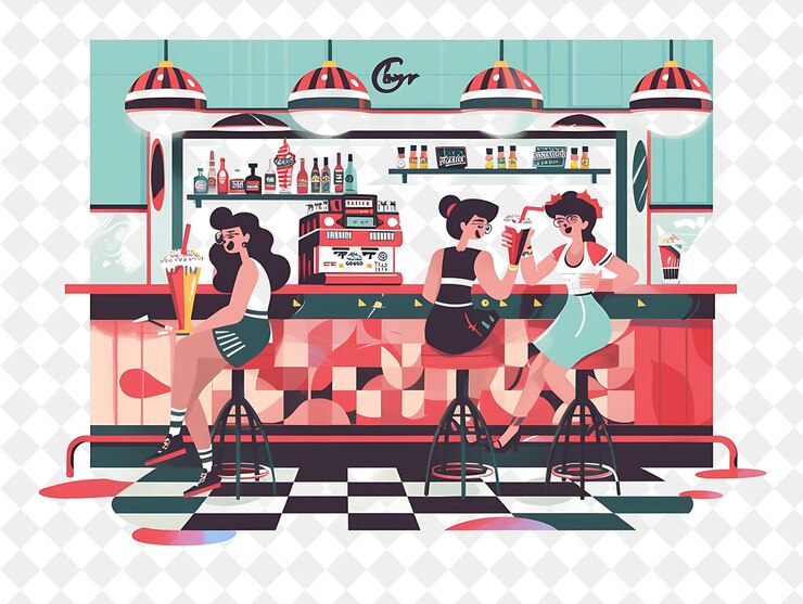 PSD diner rétro avec des personnages ayant un design de date de milkshake i people style de vie illustration plate