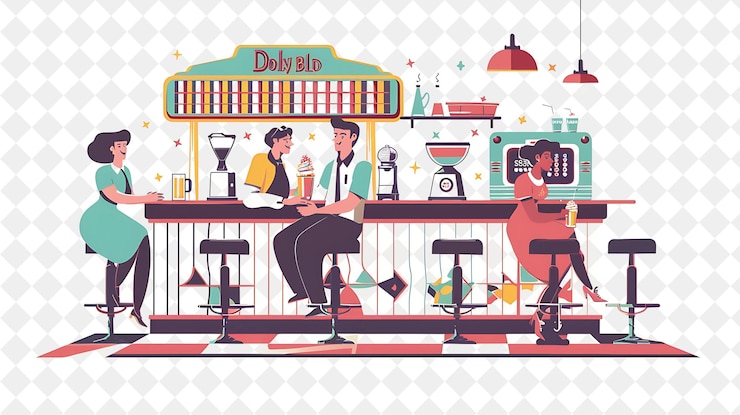 PSD diner rétro avec des personnages ayant un design de date de milkshake i people style de vie illustration plate