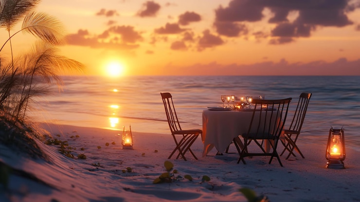 PSD dîner romantique au coucher du soleil sur la plage avec des chaises à table, des lanternes et une vue sur l'océan.