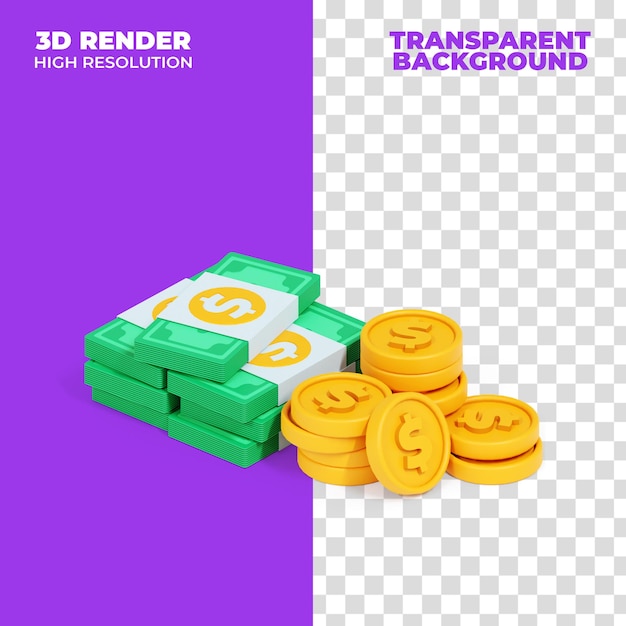 Dinero aislado y monedas vista isométrica renderizada 3d