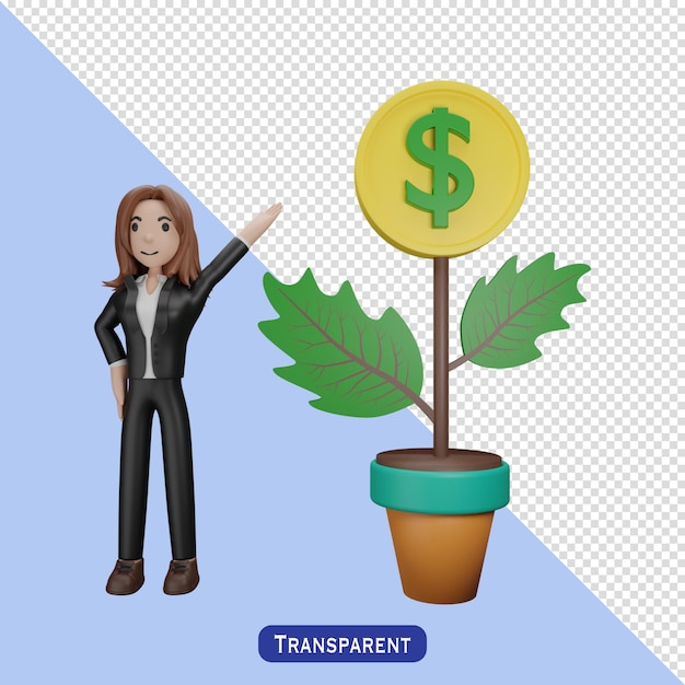 Dinero de árbol con empresaria en estilo 3 d