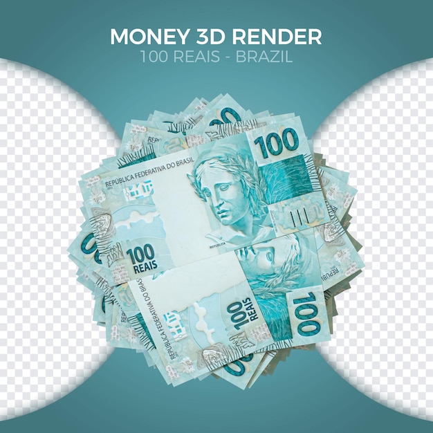 Dinero brasileño apilado de 100 reales frente renderizado en 3d